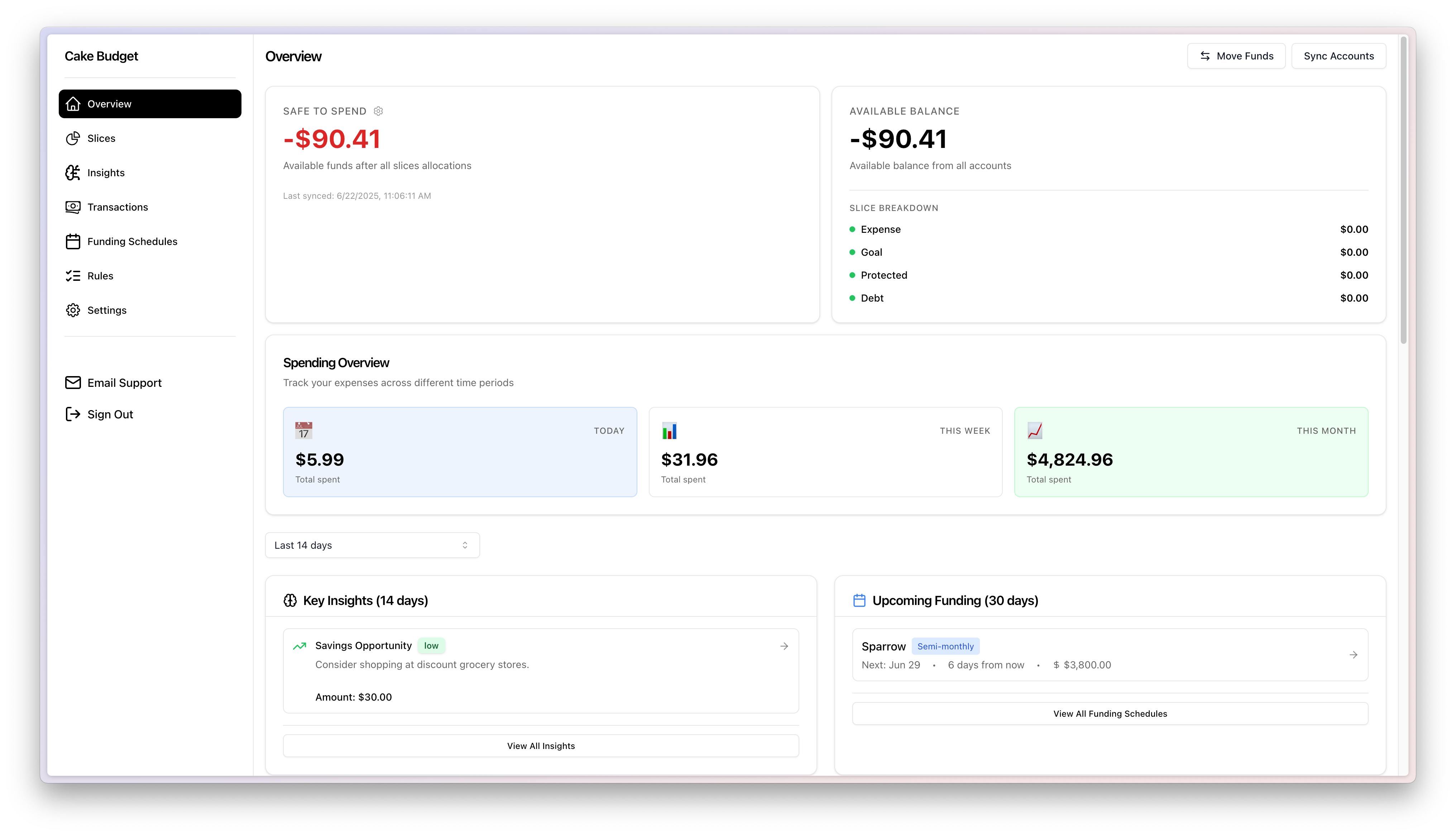 Cake Budget app interface showing slices and budget categories